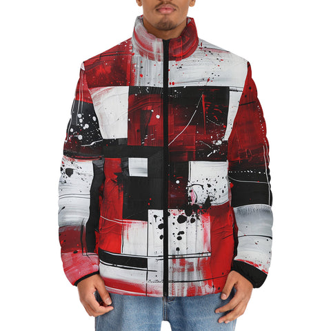 Down-Padded Puffer Jacket Modern Art Abstraction Black White and Red