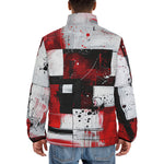 Down-Padded Puffer Jacket Modern Art Abstraction Black White and Red