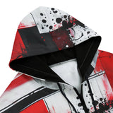 Men's Zip Up Hoodie Modern Art Abstraction Black White and Red