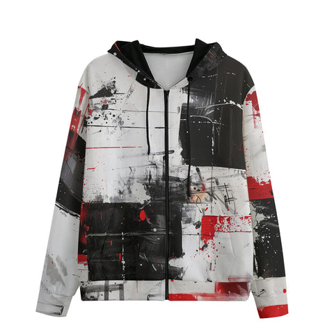 Men's Zip Up Hoodie Modern Art Abstraction Black White and Red