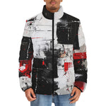 Down-Padded Puffer Jacket Modern Art Abstraction Black White and Red