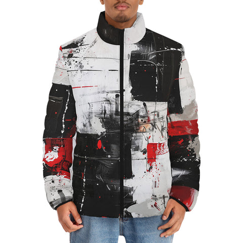 Down-Padded Puffer Jacket Modern Art Abstraction Black White and Red