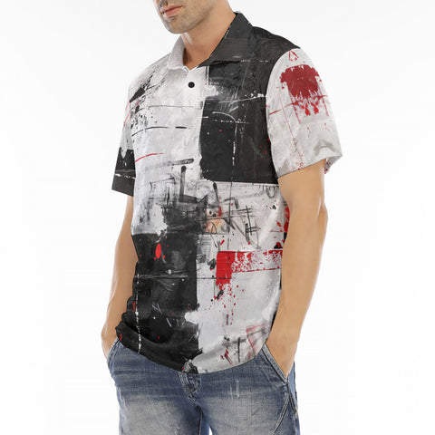 Men's Polo Shirt Modern Art Abstraction Black White and Red