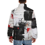 Down-Padded Puffer Jacket Modern Art Abstraction Black White and Red