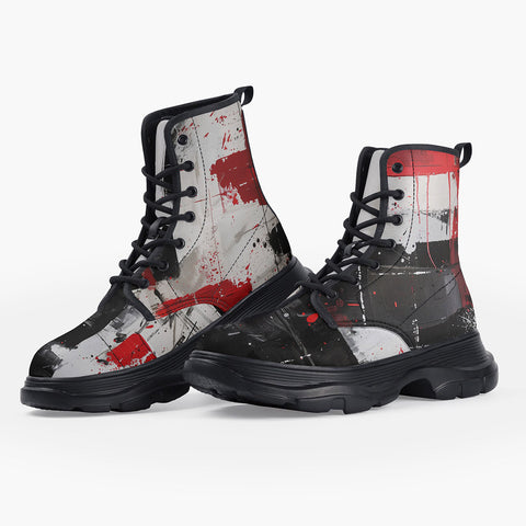 Casual Leather Chunky Boots Modern Art Abstraction Black White and Red