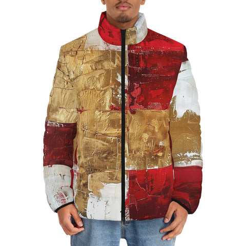 Down-Padded Puffer Jacket Modern Art Abstraction White Yellow and Red