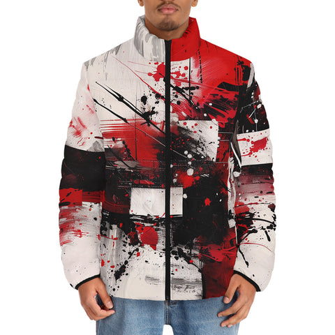 Down-Padded Puffer Jacket Modern Art Abstraction Black White and Red