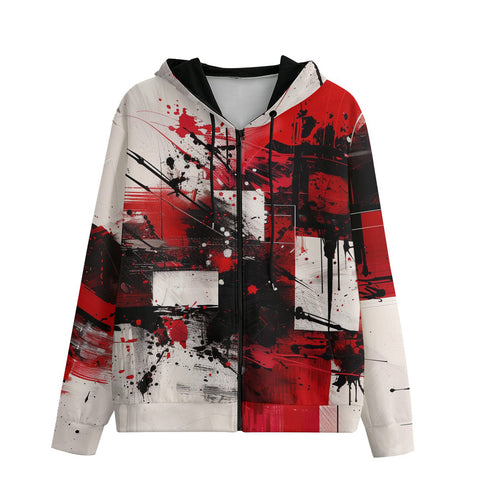 Men's Zip Up Hoodie Modern Art Abstraction Black White and Red