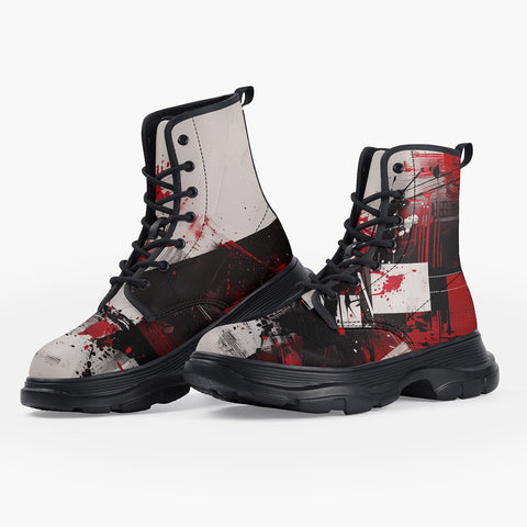 Casual Leather Chunky Boots Modern Art Abstraction Black White and Red