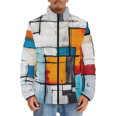 Down-Padded Puffer Jacket Modern Art Abstraction Blue White and Yellow