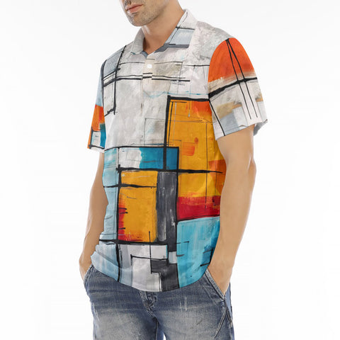 Men's Polo Shirt Modern Art Abstraction Blue White and Yellow