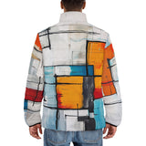 Down-Padded Puffer Jacket Modern Art Abstraction Blue White and Yellow