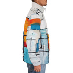 Down-Padded Puffer Jacket Modern Art Abstraction Blue White and Yellow