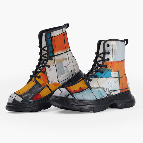 Casual Leather Chunky Boots Modern Art Abstraction Blue White and Yellow