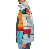 Down-Padded Puffer Jacket Modern Art Abstraction Blue White and Yellow