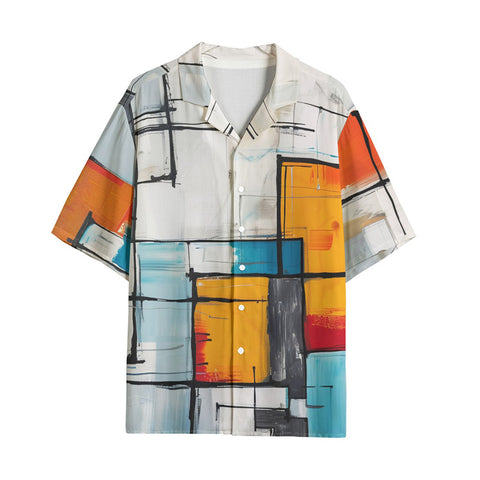 Hawaiian Shirt Modern Art Abstraction Blue White and Yellow