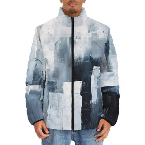 Down-Padded Puffer Jacket Modern Art Abstraction Blue and White