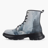 Casual Leather Chunky Boots Modern Art Abstraction Blue and White