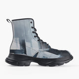 Casual Leather Chunky Boots Modern Art Abstraction Blue and White