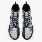 Casual Leather Chunky Boots Modern Art Abstraction Blue and White