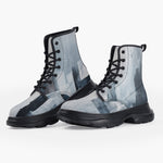 Casual Leather Chunky Boots Modern Art Abstraction Blue and White