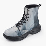 Casual Leather Chunky Boots Modern Art Abstraction Blue and White