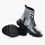 Casual Leather Chunky Boots Modern Art Abstraction Blue and White