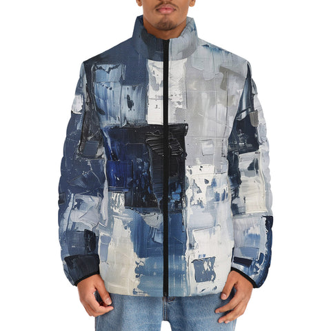 Down-Padded Puffer Jacket Modern Art Abstraction Blue and White