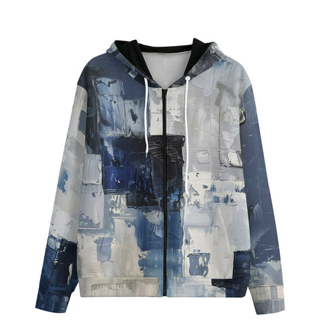 Men's Zip Up Hoodie Modern Art Abstraction Blue and White