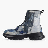 Casual Leather Chunky Boots Modern Art Abstraction Blue and White