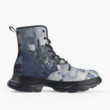 Casual Leather Chunky Boots Modern Art Abstraction Blue and White