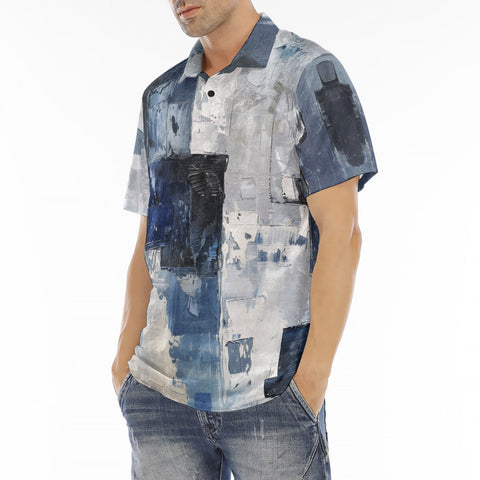 Men's Polo Shirt Modern Art Abstraction Blue and White