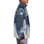 Down-Padded Puffer Jacket Modern Art Abstraction Blue and White