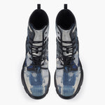 Casual Leather Chunky Boots Modern Art Abstraction Blue and White