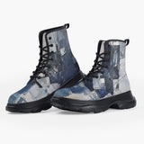 Casual Leather Chunky Boots Modern Art Abstraction Blue and White