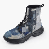 Casual Leather Chunky Boots Modern Art Abstraction Blue and White