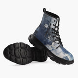 Casual Leather Chunky Boots Modern Art Abstraction Blue and White