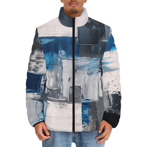 Down-Padded Puffer Jacket Modern Art Abstraction Blue and White
