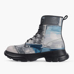 Casual Leather Chunky Boots Modern Art Abstraction Blue and White