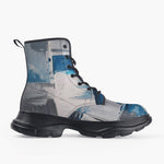 Casual Leather Chunky Boots Modern Art Abstraction Blue and White