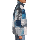 Down-Padded Puffer Jacket Modern Art Abstraction Blue and White