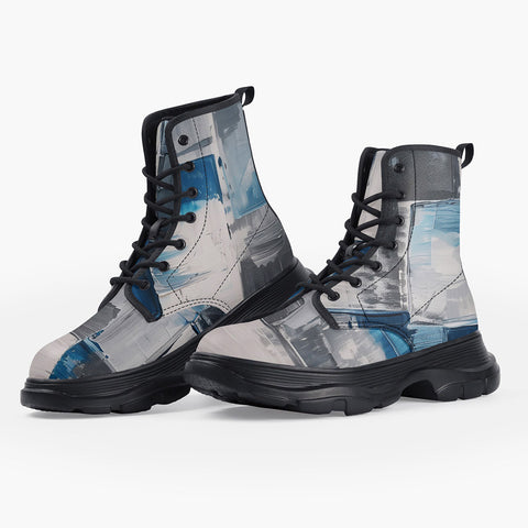 Casual Leather Chunky Boots Modern Art Abstraction Blue and White