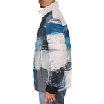 Down-Padded Puffer Jacket Modern Art Abstraction Blue and White