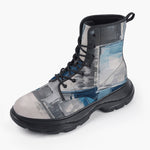 Casual Leather Chunky Boots Modern Art Abstraction Blue and White