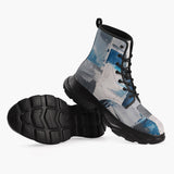 Casual Leather Chunky Boots Modern Art Abstraction Blue and White