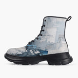 Casual Leather Chunky Boots Modern Art Abstraction Blue and White