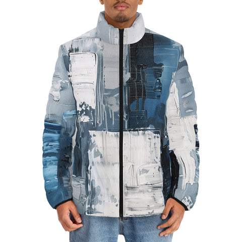 Down-Padded Puffer Jacket Modern Art Abstraction Blue and White