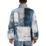 Down-Padded Puffer Jacket Modern Art Abstraction Blue and White