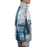 Down-Padded Puffer Jacket Modern Art Abstraction Blue and White