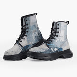 Casual Leather Chunky Boots Modern Art Abstraction Blue and White